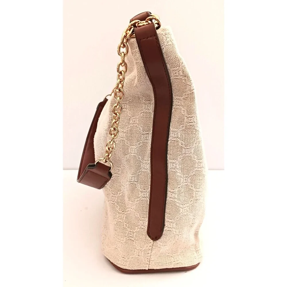 MNG Mango Cream Woven Jacquard Hobo Bag Brown Vegan Leather Double Straps